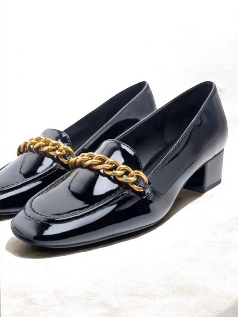 Zara Black Patent Loafers with Gold Chain